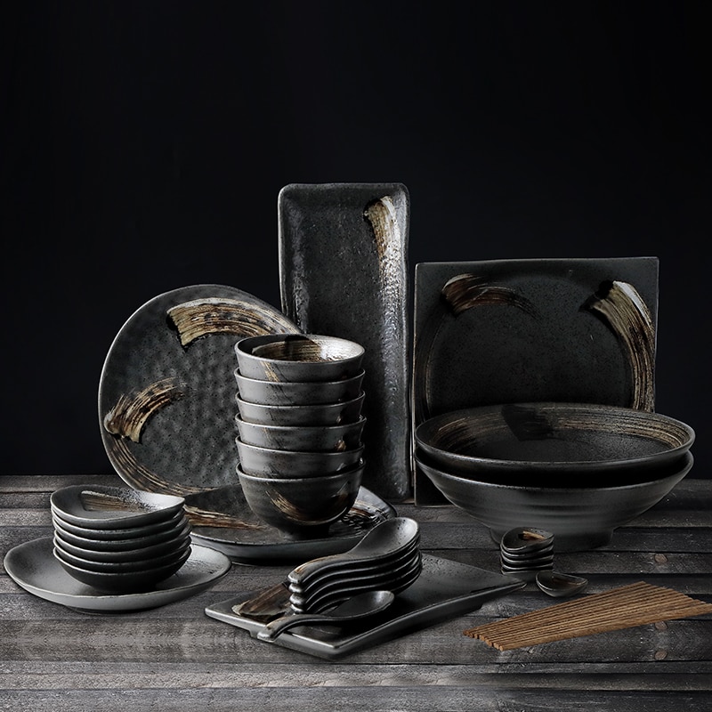 Japanese Dinnerware Black Matte Dish Set Wholesale Black Matte