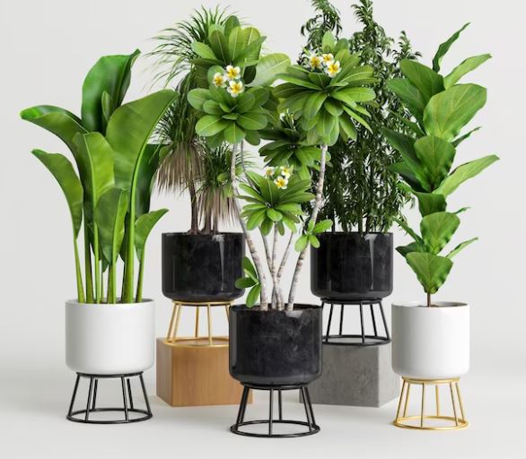 Big planters and artificial flowers