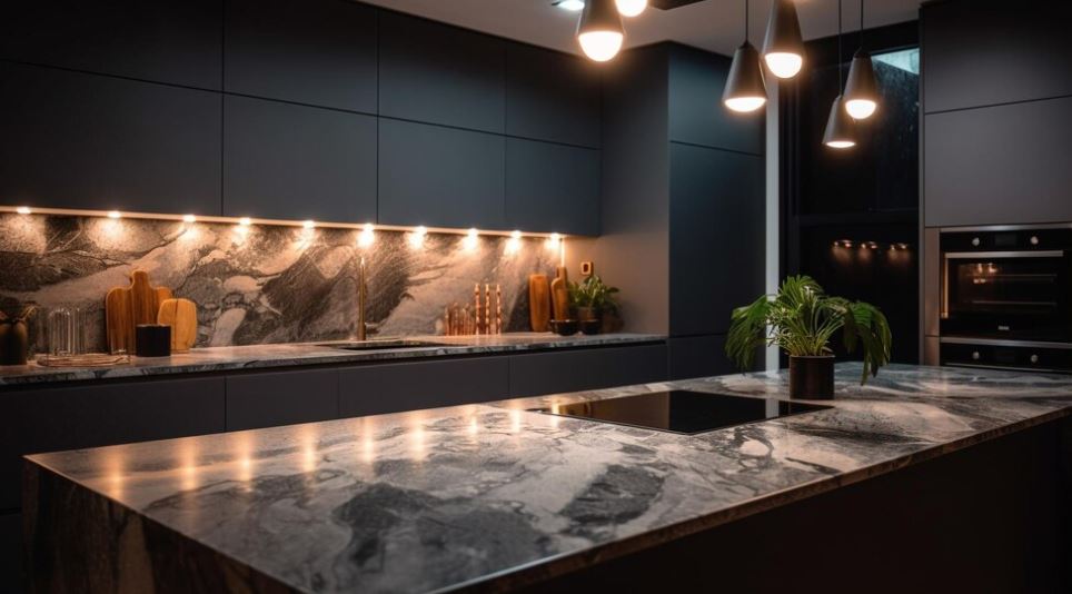 kitchen designed with black marble is a trend in 2024