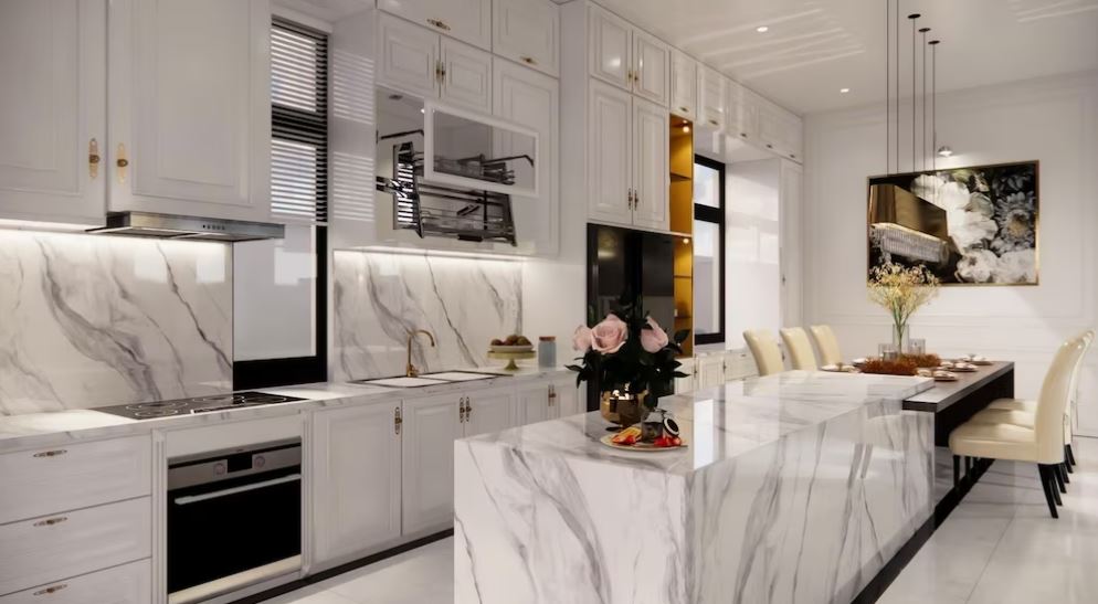 kitchen designed with black marble is a trend in 2024