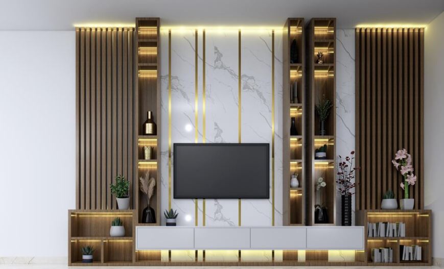 modern tv unit with wood panels and light