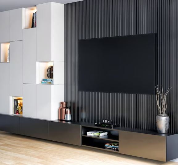 box modern tv unit with wood panels