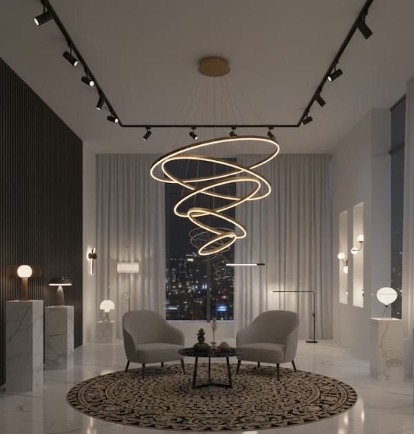 5 Rings Cascading Pendant Chandelier Showroom