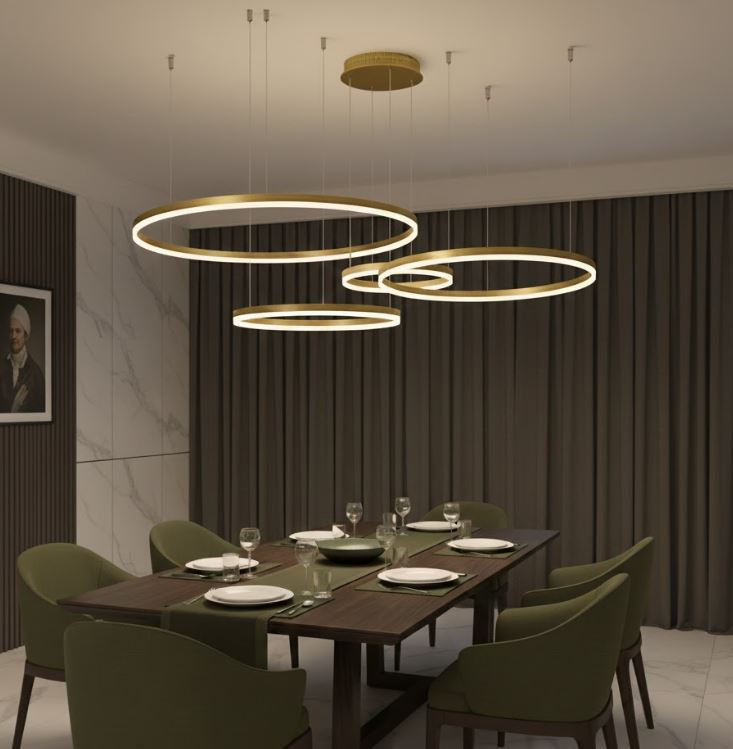 Asymmetrical 4 Circle LED Chandelier dining area