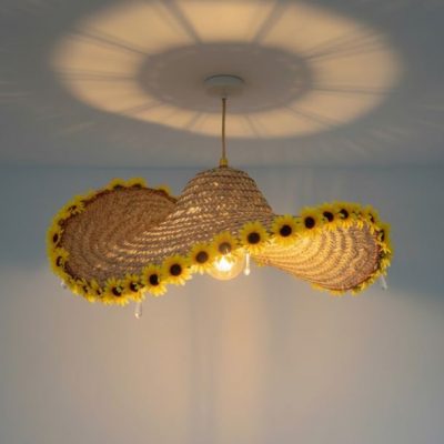 Boho Rattan Hat Chandelier Sunflower