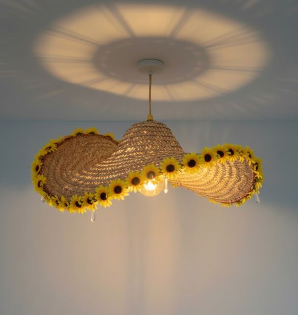 Boho Rattan Hat Chandelier Sunflower