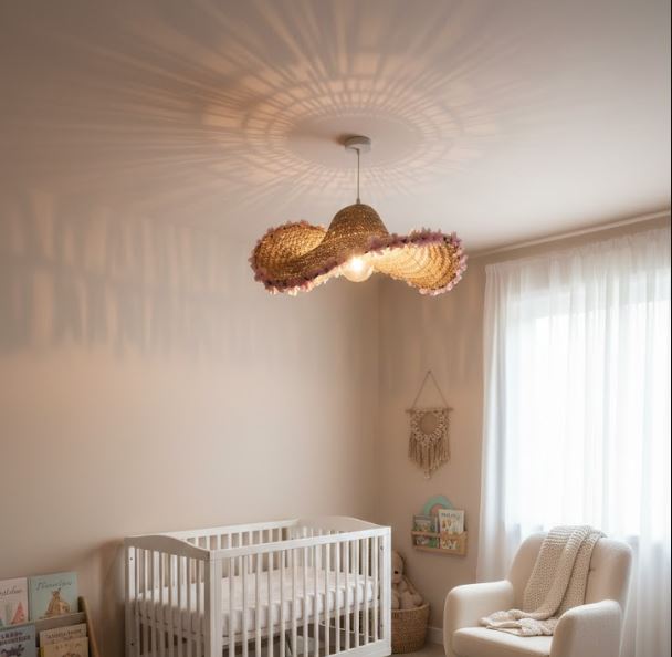 Boho Rattan Hat Flower Chandelier in the Nursery