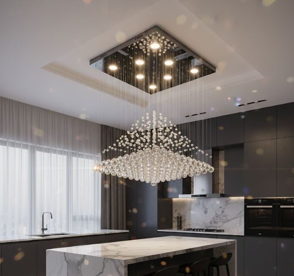 K9 Crystal Pyramid Rain Chandelier Kitchen