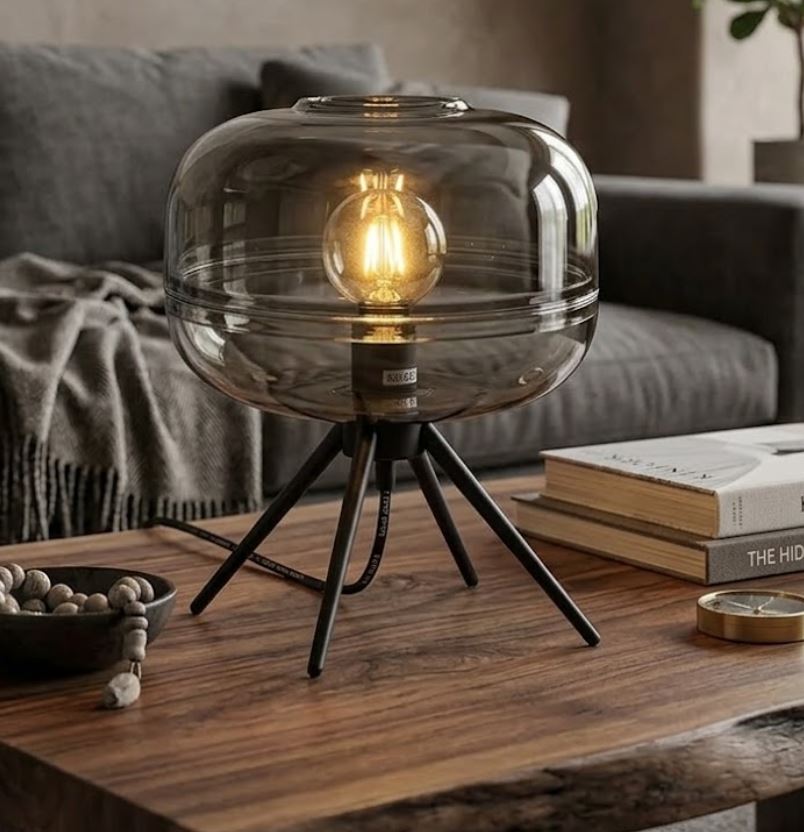 Smoke Glass Tripod Bedside Lamp