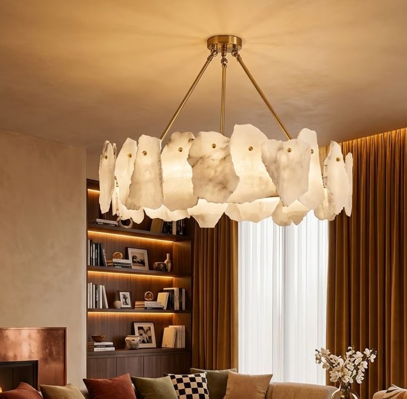 Raw-Cut Alabaster Circular Linear Chandelier