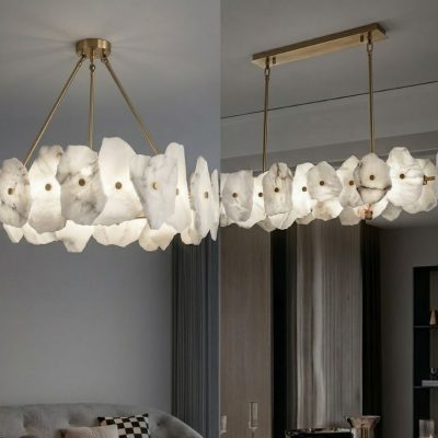 Raw-Cut Alabaster Circular and Linear Chandelier