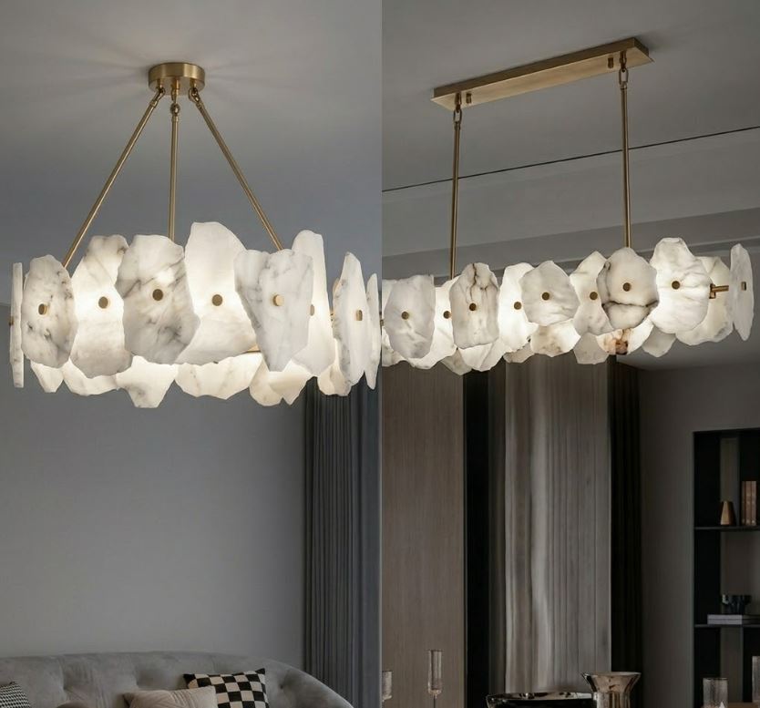 Raw-Cut Alabaster Circular and Linear Chandelier