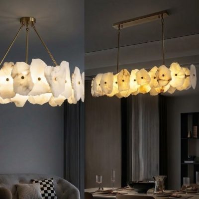 Raw-Cut Alabaster Circular and Linear Chandelier