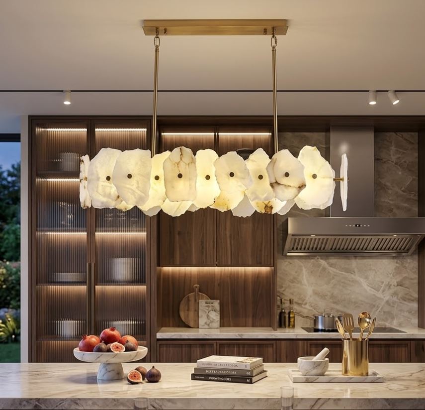 Raw-Cut Alabaster Circular and Linear Chandelier Rectangle Raw-Cut Alabaster Circular and Linear Chandelier Rectangle