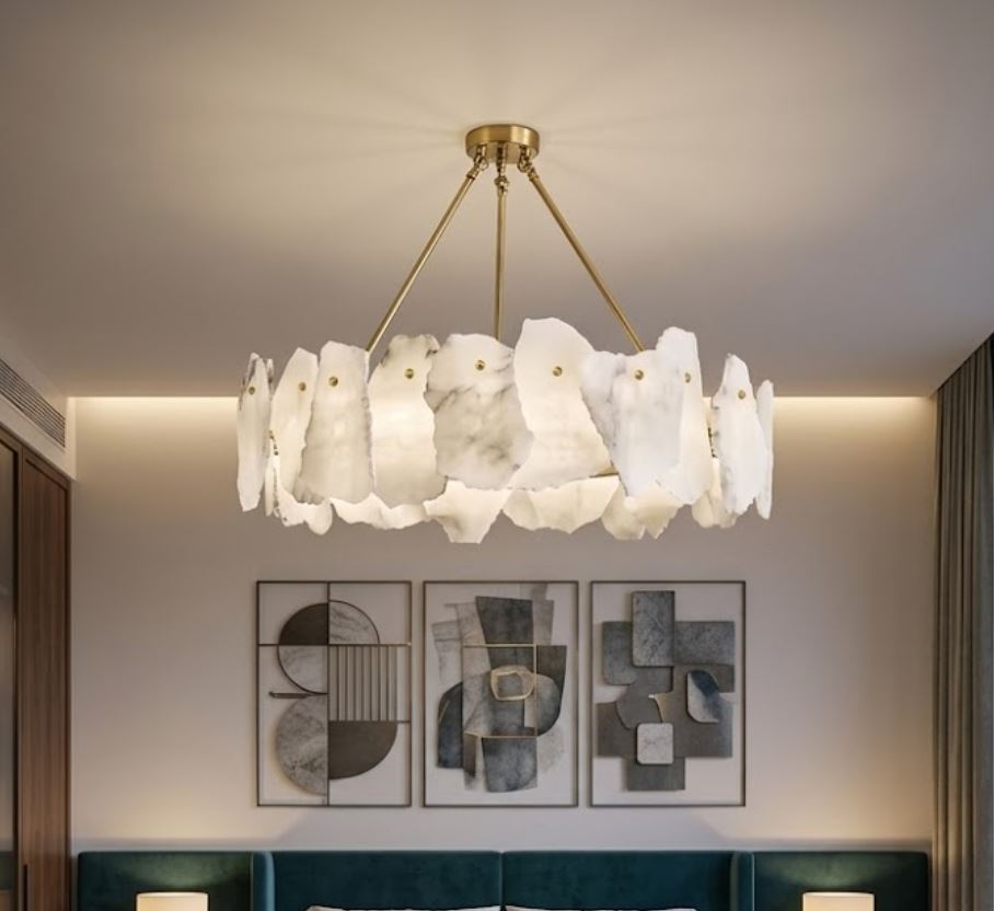 Raw-Cut Alabaster Circular and Linear Chandelier Round Raw-Cut Alabaster Circular and Linear Chandelier Round