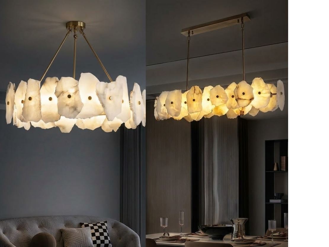 Raw-Cut Alabaster Circular and Linear Chandelier