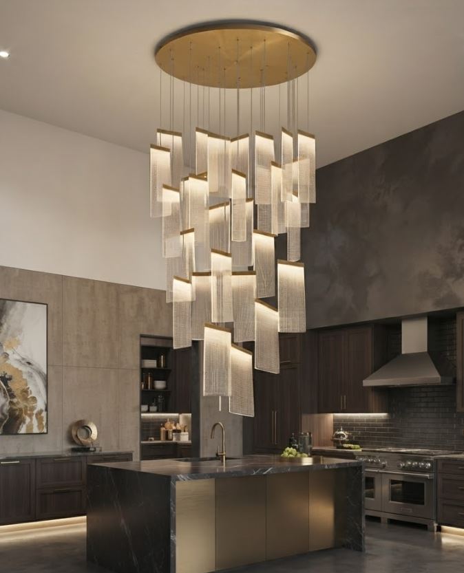 Acrylic Panel Suspension Foyer Chandelier Staircase