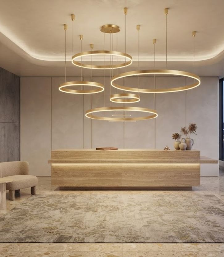 4 Gold Suspended Rings LED Chandelier Lounge