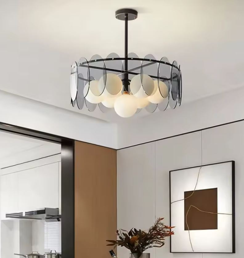 Smoked Glass and Frosted Globe Ring Chandelier 60cm