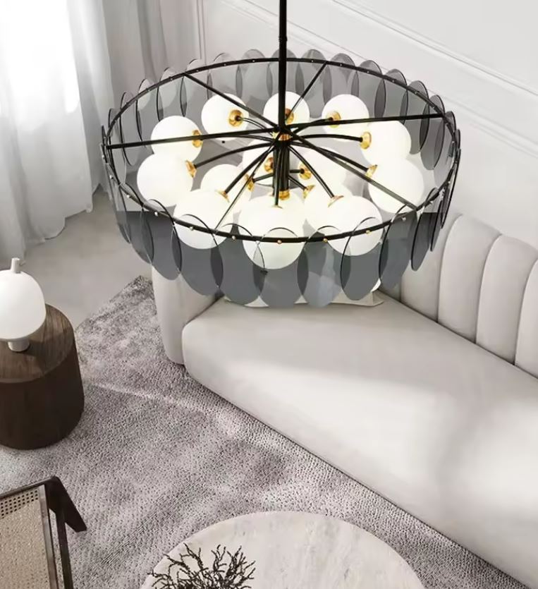 Smoked Glass and Frosted Globe Ring Chandelier Details