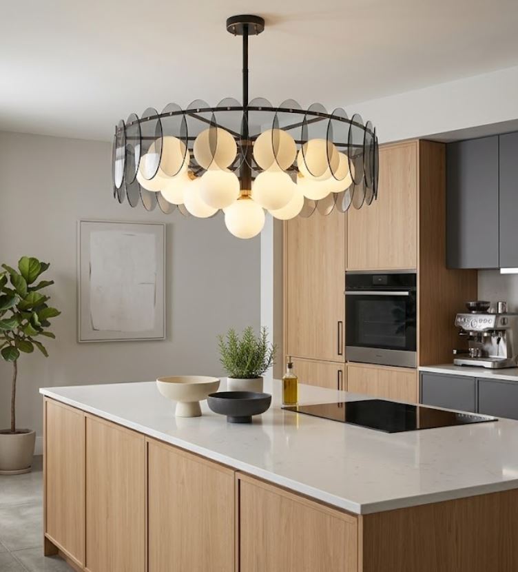 Smoked Glass and Frosted Globe Ring Chandelier Light