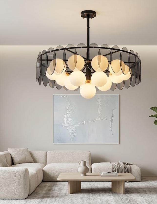 Smoked Glass and Frosted Globe Ring Chandelier