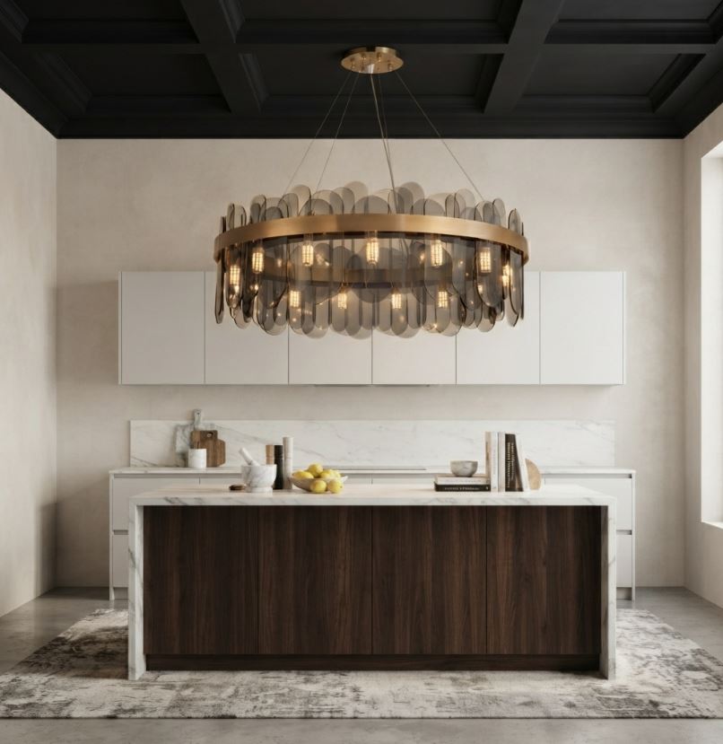 Smoky Brushed Brass Ring Chandelier Kitchen