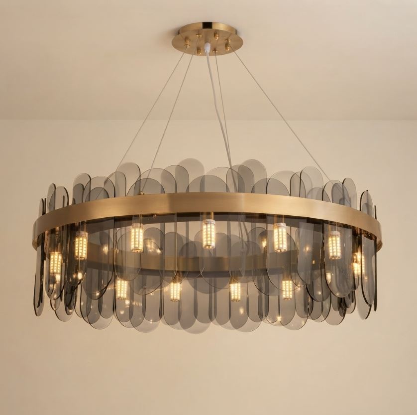 Smoky Brushed Brass Ring Chandelier